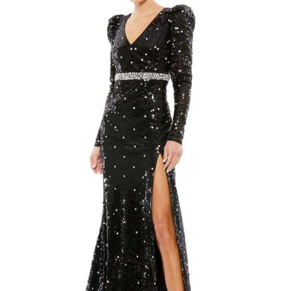 MAC DUGGAL 10736 SEQUINED FAUX WRAP PUFF SLEEVE TRUMPET BLACK GOWN sz 14 - Picture 5 of 8